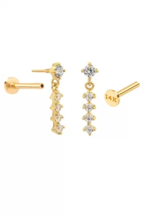 14k Gold  Helix Tragus Inner Conch Cartilage Cz Bar Stick Dangle Internally Internal Threaded Earring Labret Piercing