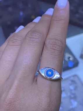 14k Gold Pearl and Turquoise Evil Eye Diamond Ring