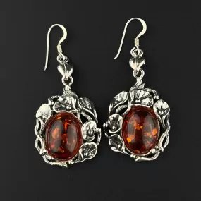 Arts and Crafts Style Silver Floral Baltic Amber Earrings