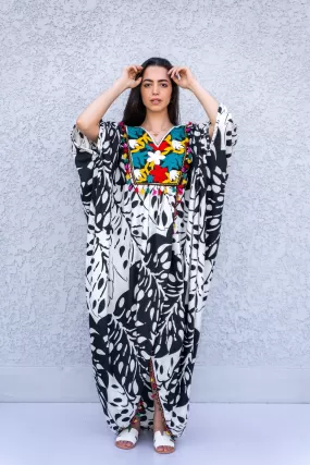 Black/white leaves Cotton embroidered Kaftan dress, cotton caftans for women, Open slit Caftan for women, Loose fit caftan, Plus size kaftan