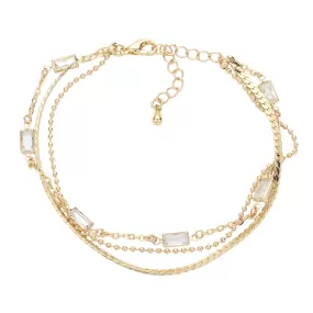 Clear Baguette Stone Cluster Station Chain Layered Bracelet