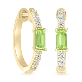 Emerald Shaped Peridot and White Sapphire Hoop Earrings