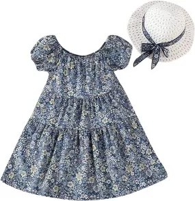 Floral Print Dress Princess Dress with Hat 7-8Y X4455666