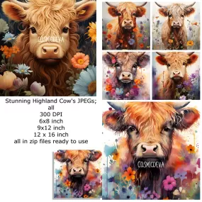 Highland Cow Digital Download JPEGs, Watercolor cow with Flowers, Digital Prints