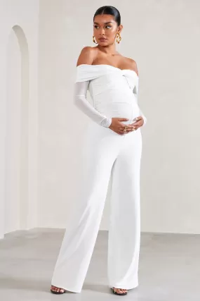 Kyla | White Ruched Bardot Long-Sleeved Wide-Leg Maternity Jumpsuit