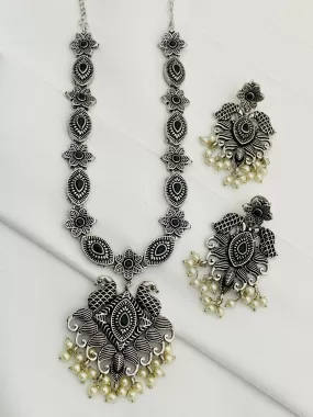 Magnificent Peacock Flower Designed Black Stone Studded Oxidized Necklace Set With Earrings