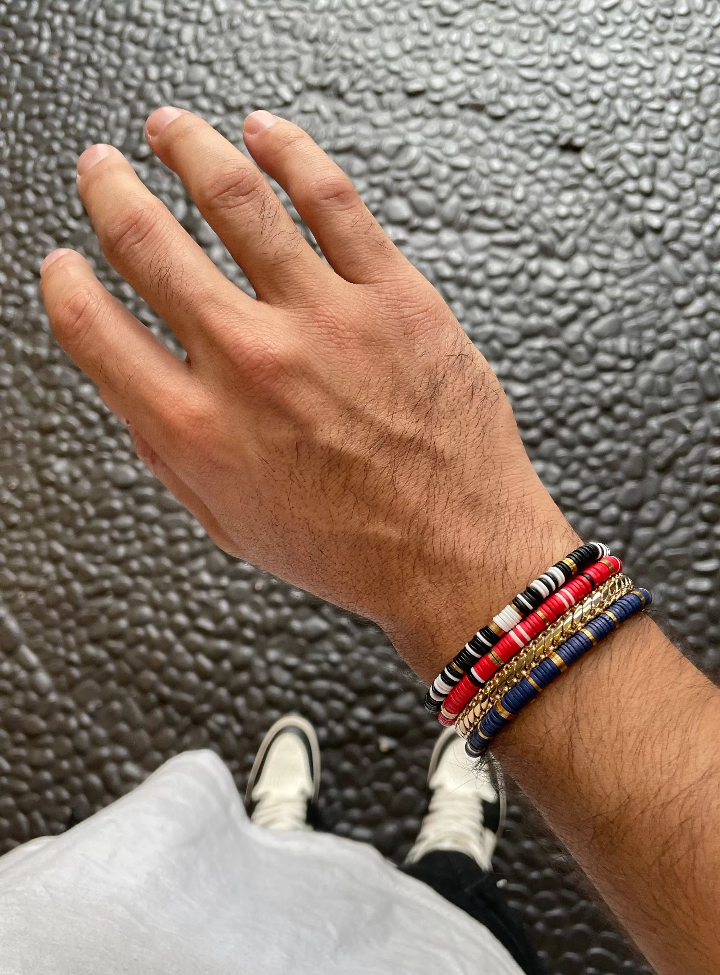 Men's Beaded Bracelet with Red, White and Gold Disc Beads