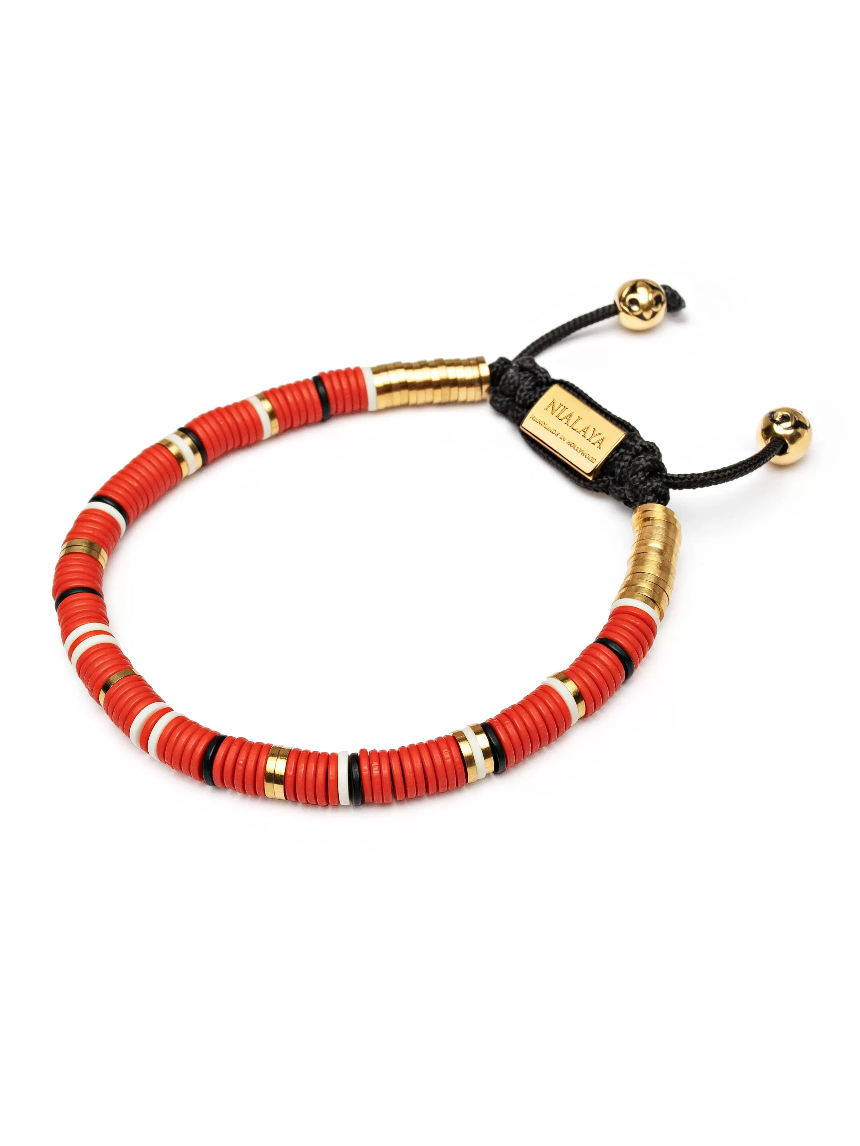 Men's Beaded Bracelet with Red, White and Gold Disc Beads