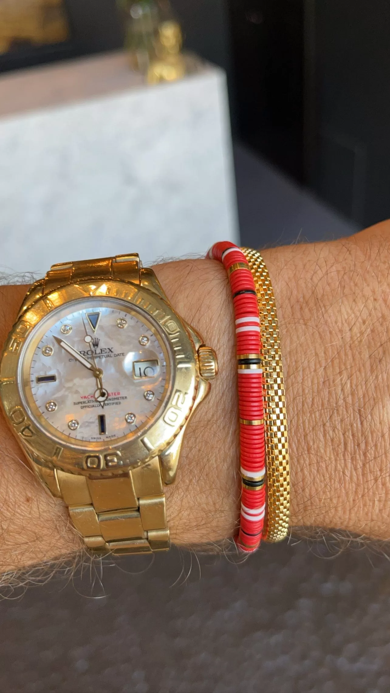 Men's Beaded Bracelet with Red, White and Gold Disc Beads