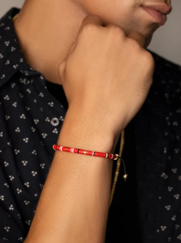 Men's Beaded Bracelet with Red, White and Gold Disc Beads