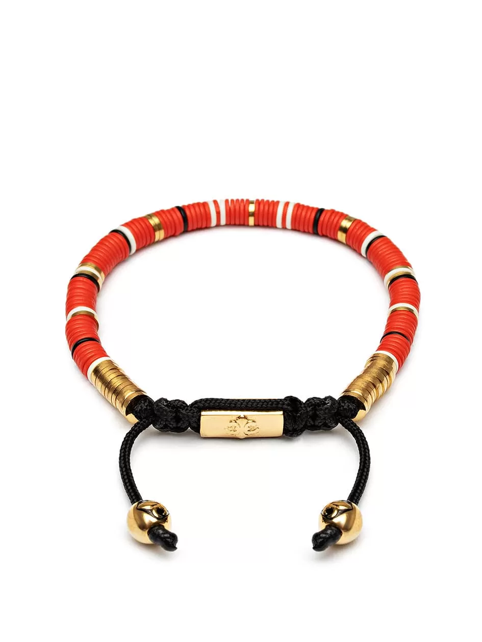 Men's Beaded Bracelet with Red, White and Gold Disc Beads