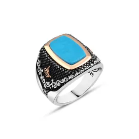 Plain Turquoise Stone Rectangular Pointed Silver Men's Ring Siding Tughra and Wavy Pattern