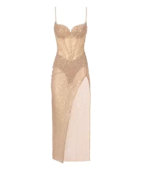 Sensational champagne gold crystal-embellished maxi dress on spaghetti straps