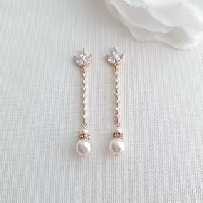 Skinny Long Pearl Drop Earrings in Rose Gold-Jodi