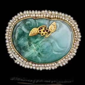 The Quorn - Vintage Carved Jade Seed Pearl 14k gold Brooch