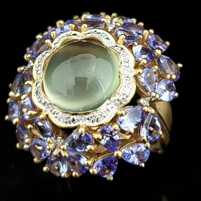 The Tropea - Estate Prasiolite Diamond Tanzanite 14k Gold Cocktail Ring