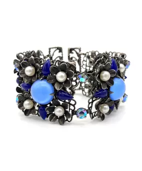 【USA輸入】ヴィンテージ SELRO ブルー カボション フラワー ブレスレット/Vintage SELRO Blue Cabochon Flower Bracelet